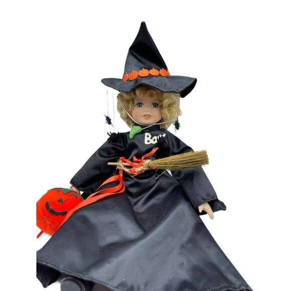 Porcelain Halloween Witch Boo Doll W/Broom Jackolantern Pumpkin Black Spider Hat - Picture 1 of 7
